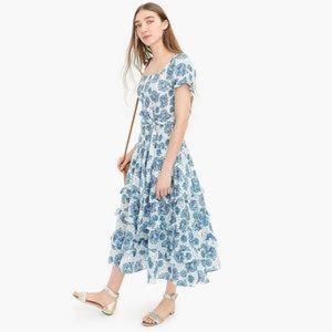 J. Crew Point Sur Smocked Floral Prairie Dress Midi 8 Blue/Green
